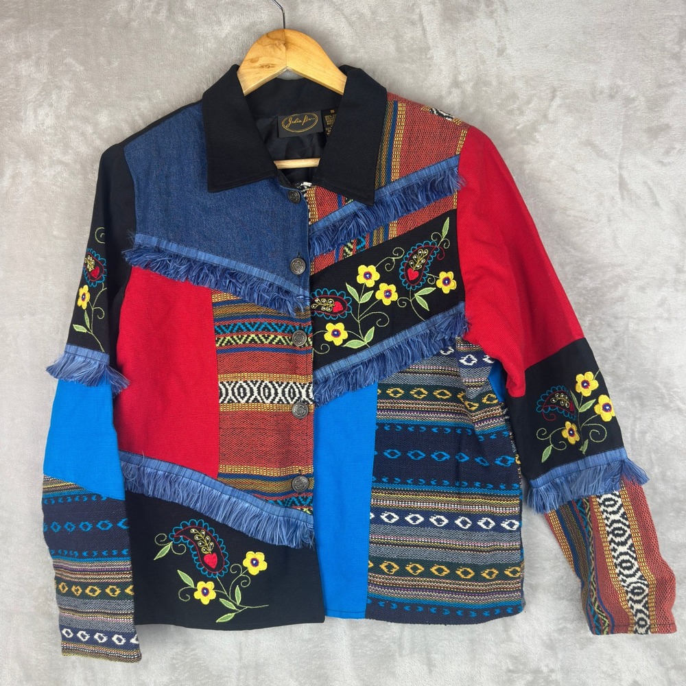 Vintage Julia Kim Embroidered Jacket Petite Medium Colorful Fringe Cord Collar S